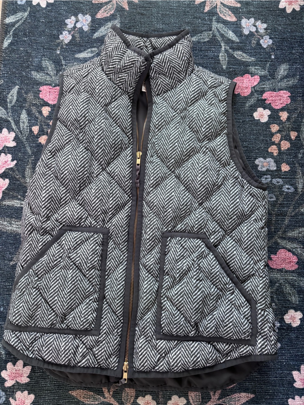J. Crew Black and White Quilted Herringbone Vest